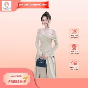 Đầm be kem trễ vai