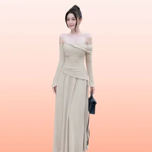 Đầm be kem trễ vai