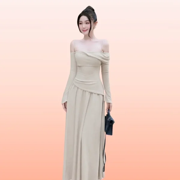 Đầm be kem trễ vai